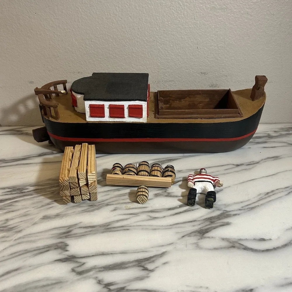 Handmade Vintage Freight Cargo Ship Boat Wooden‎ Toy W' Barrels Logs 15x5